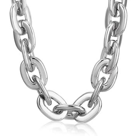 Silver Hip Hop Large Acrylic Thick Plastic Cuban Link Chain Necklace 32in 80cm - Picture 3 of 6